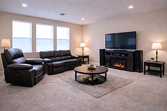 Shared living room with sofas, fireplace and large TV in North Austin corporate housing