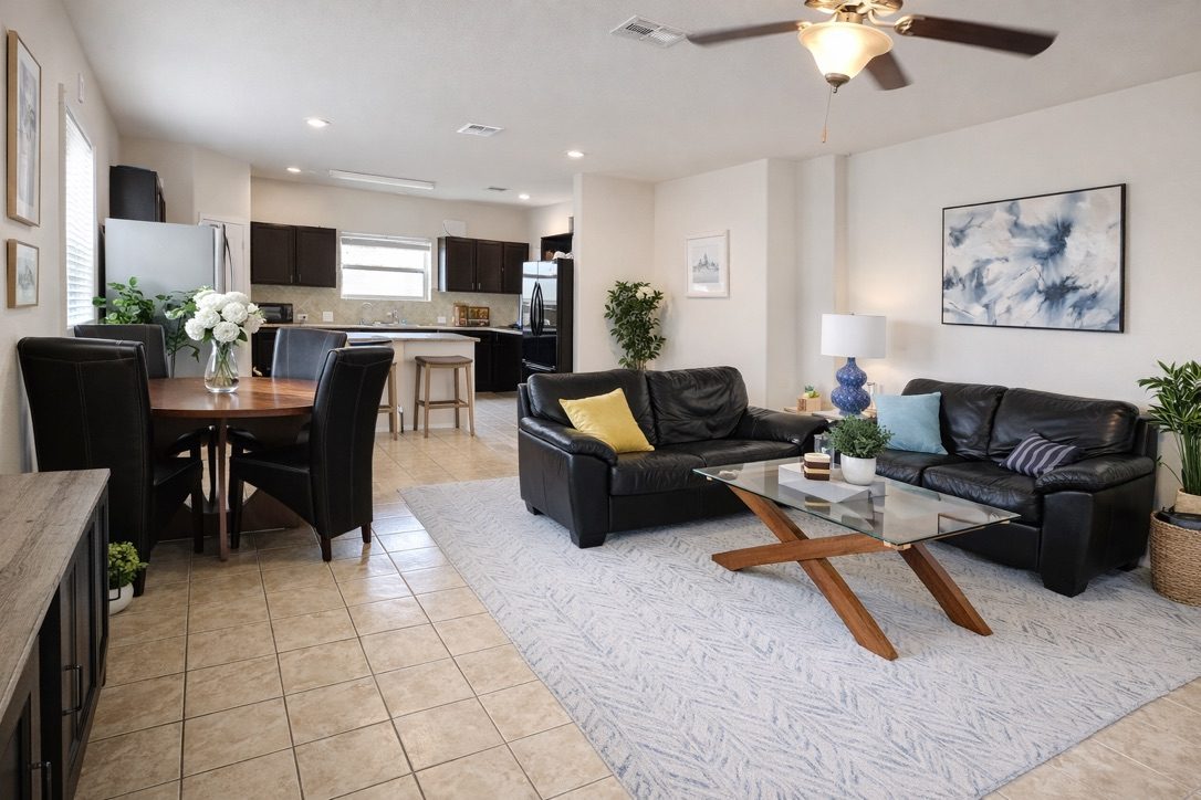Dining and living area in a furnished South Austin house for traveling professionals