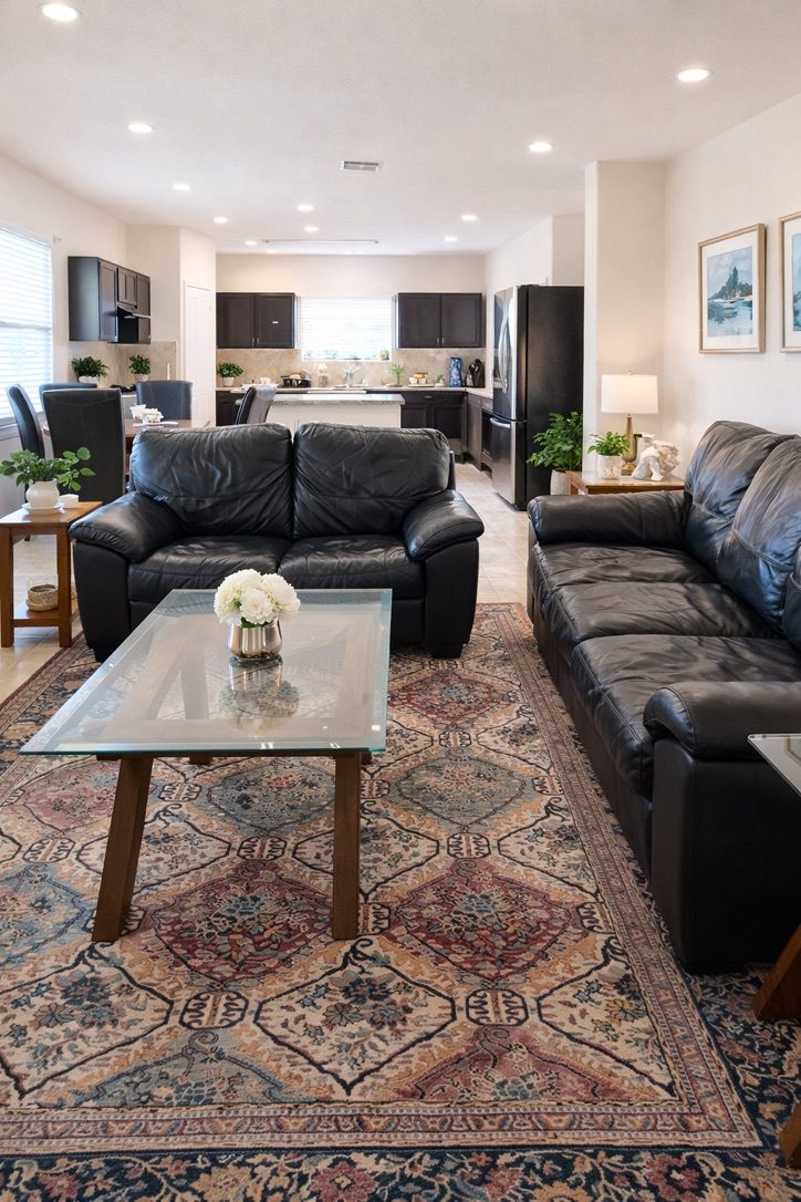 Living room with leather sofas opening to the kitchen in a South Austin furnished rental