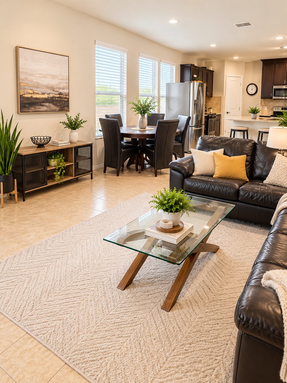 Open-concept living room and dining area in a furnished South Austin corporate house