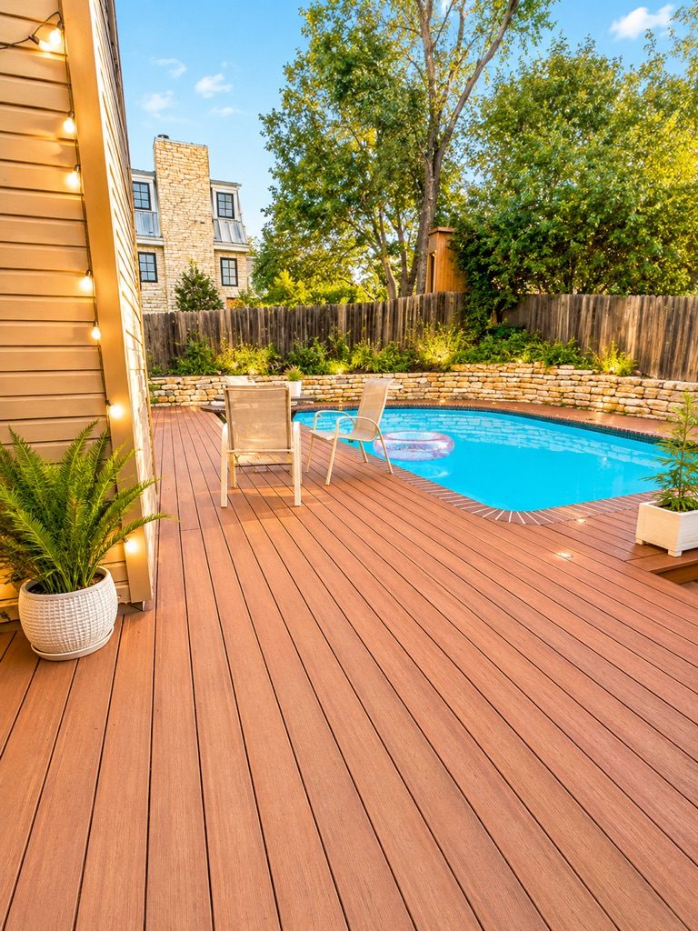 Backyard deck with outdoor seating and pool view at a Westlake Hills home