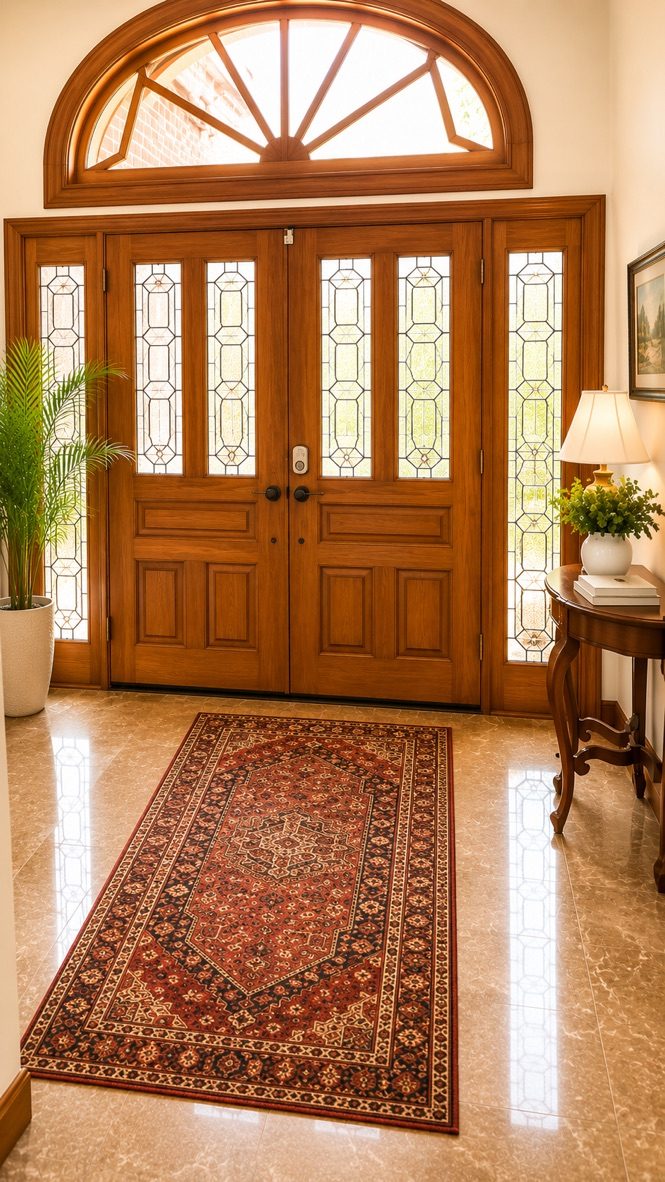 Grand wooden entry doors at a furnished Westlake Hills home near downtown Austin