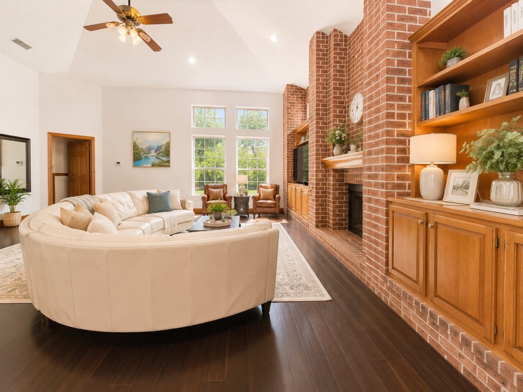 Spacious living room with curved sofa, brick fireplace and built-in shelves