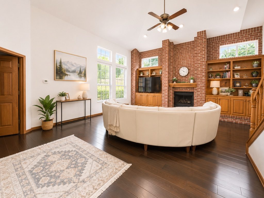 Vaulted living room with hardwood floors, large windows and brick fireplace