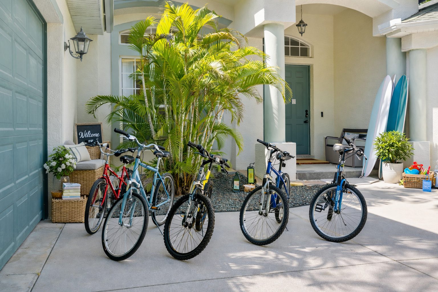 Bicycles beside the palm-lined entrance at the Nokomis vacation home.