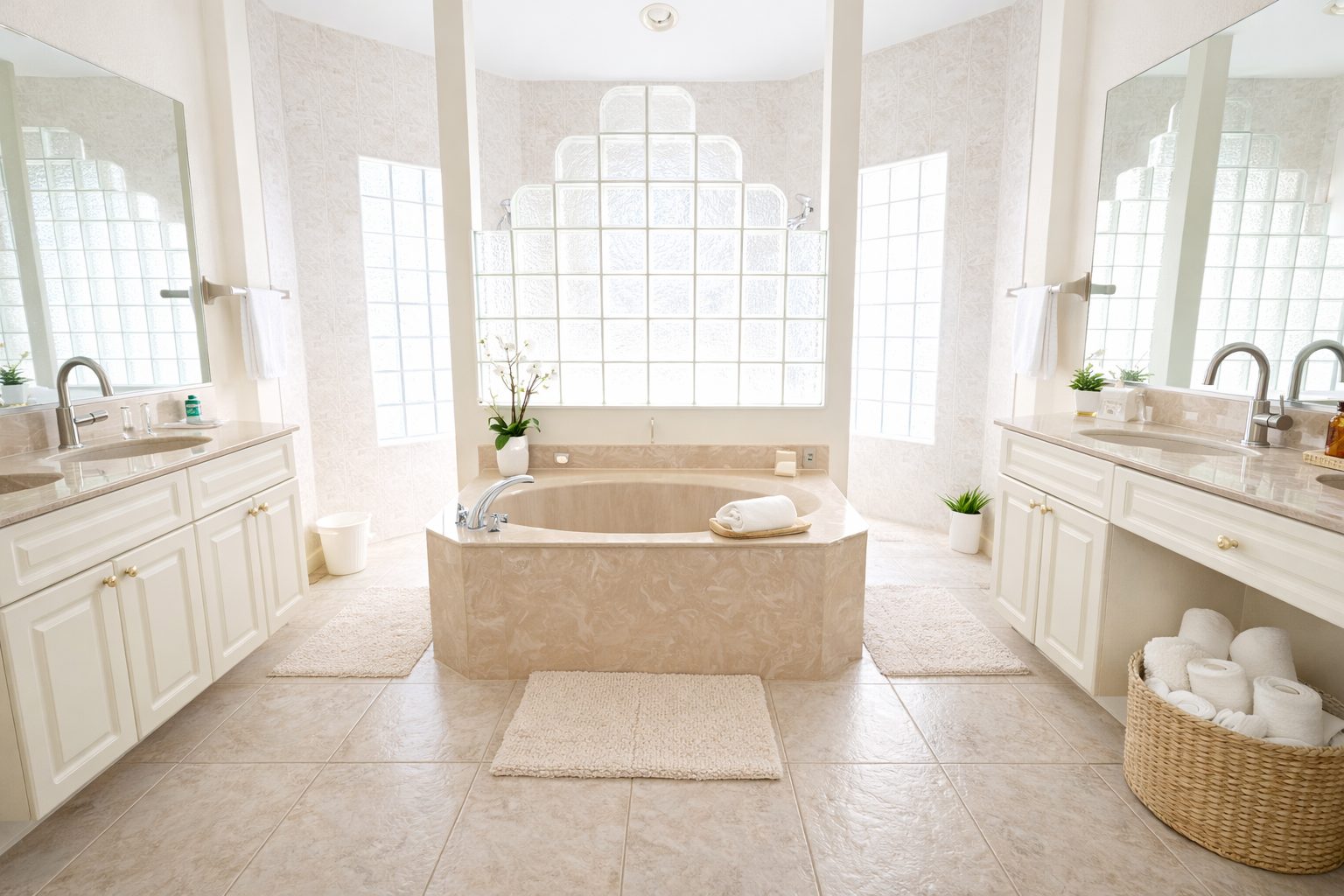 Bright master bathroom with a central bathtub and two vanity counters at the Nokomis Beach House.