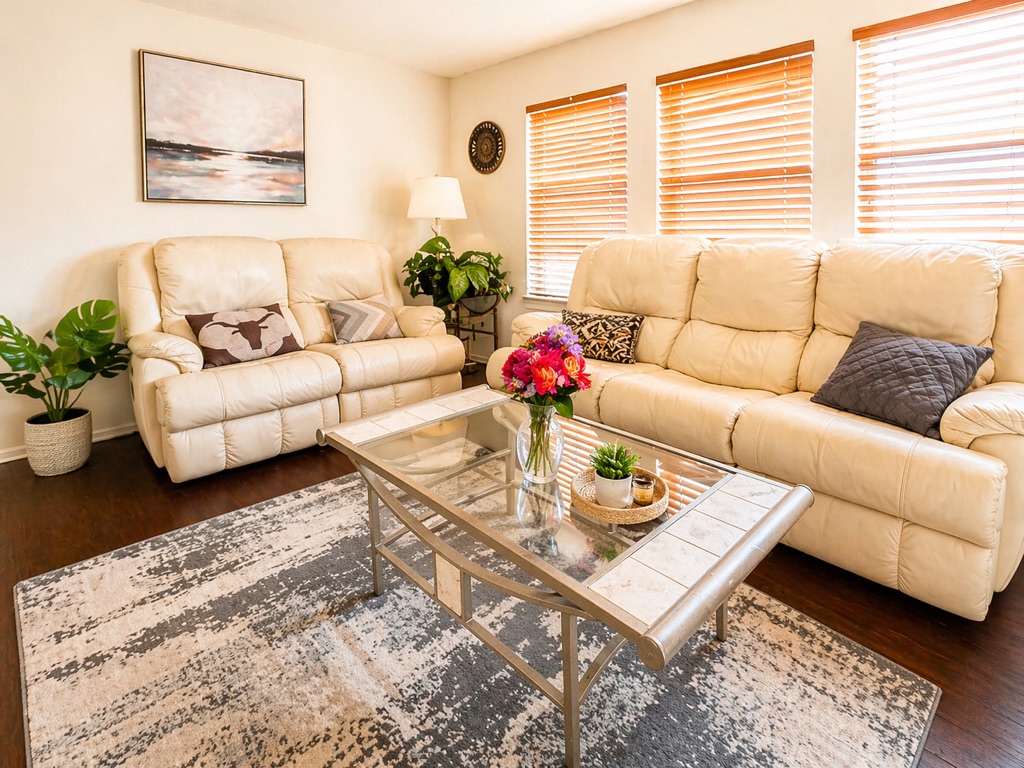 Spacious downstairs living room with cream leather sofas in a furnished Austin TX shared house at the Parmer–Samsung area