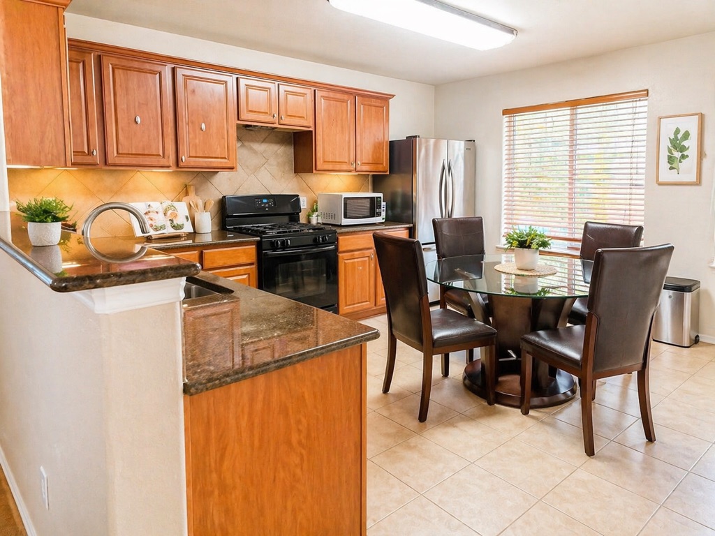 Fully equipped shared kitchen with granite countertops, stainless steel fridge and dining table in Austin furnished room rental