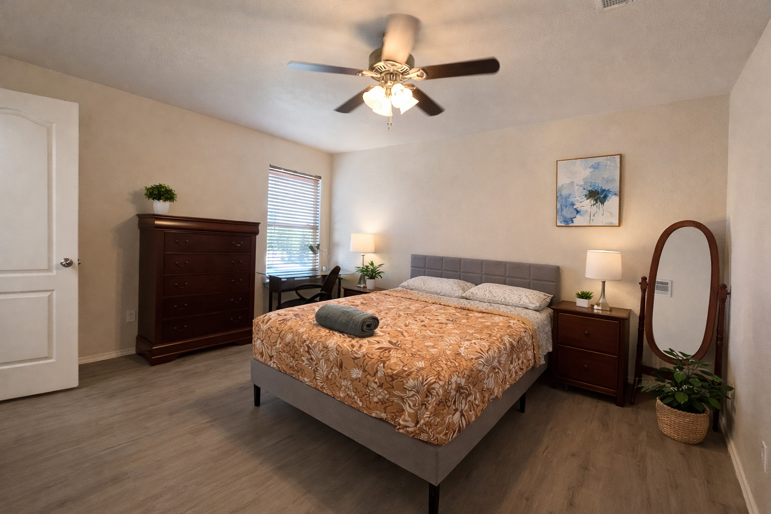 Room 3 private furnished bedroom with queen bed, nightstand, dresser, full-length mirror, desk and desk chair in furnished Austin TX shared house near Tesla Gigafactory and Samsung