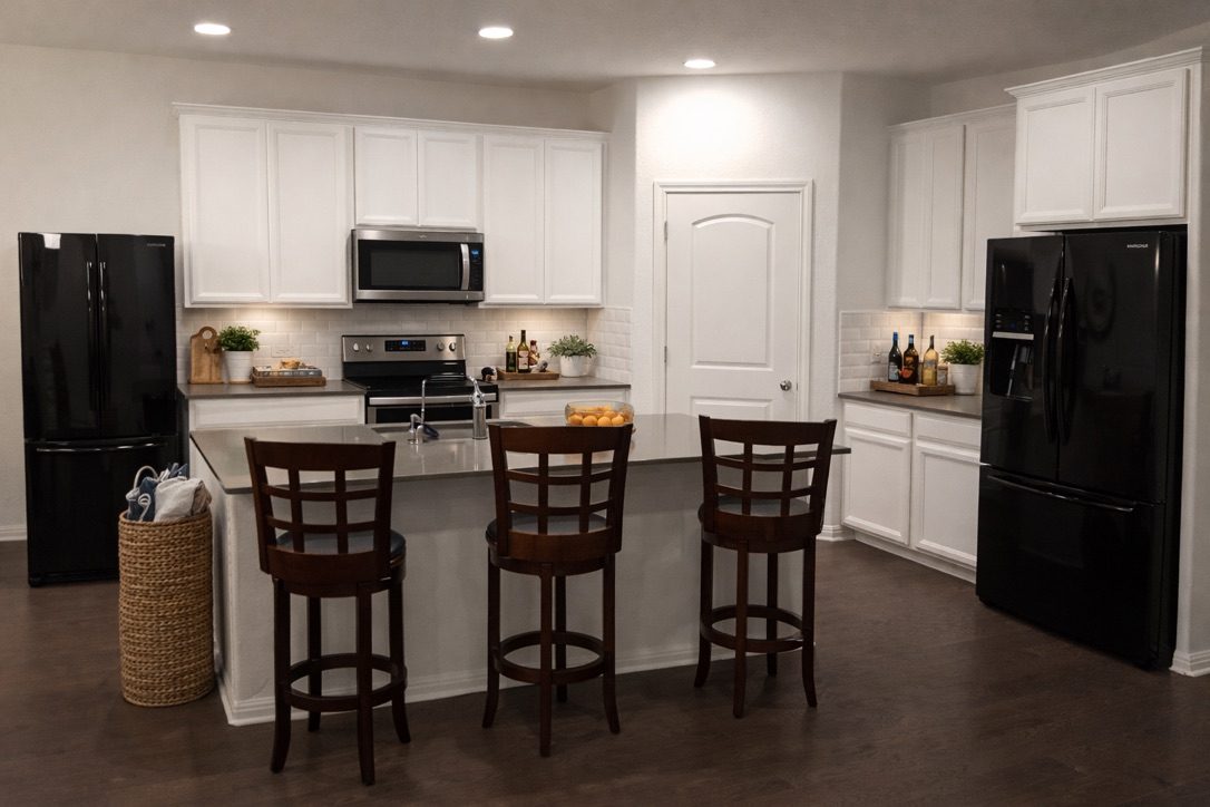Kitchen with island and bar stools in furnished room-rental house Austin 78754